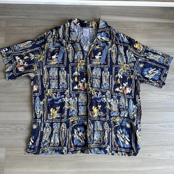 Disney Store‎ Mens Tiki Mickey Donald Surfing Blue Hawaiian Shirt Size XL Aloha - Picture 1 of 9